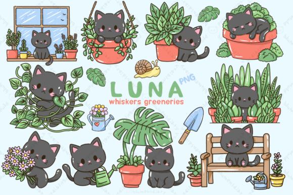 Download Kawaii Black Cat &amp; House Plants - Cat Collection