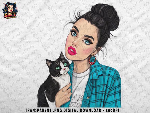 Download Woman in Blue Plaid Shirt with Black Cat - Cat Collection