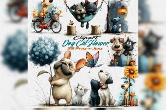 Download Whimsical Dog Cat Flower Clipart PNG Set - Cat Collection